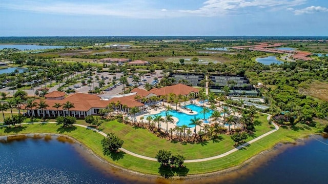 bird's eye view with a water view