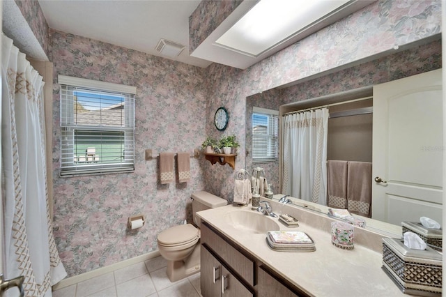 bathroom featuring tile patterned flooring, visible vents, wallpapered walls, baseboards, and toilet