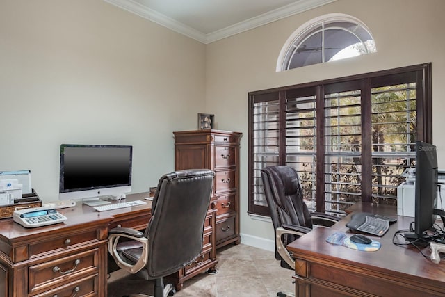 office space featuring crown molding and light tile patterned floors