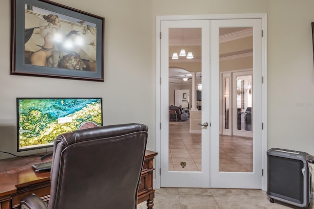 office space featuring french doors, ceiling fan, crown molding, and light tile patterned floors