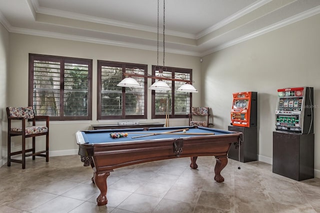 recreation room with a raised ceiling, ornamental molding, and billiards