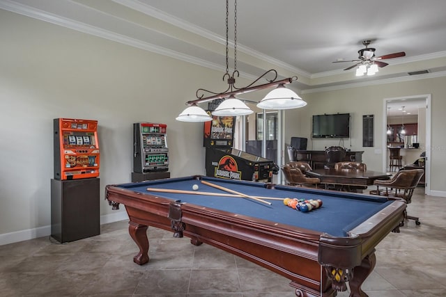 recreation room featuring crown molding, ceiling fan, and pool table