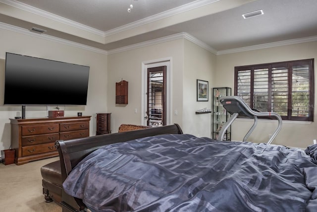 carpeted bedroom with ornamental molding