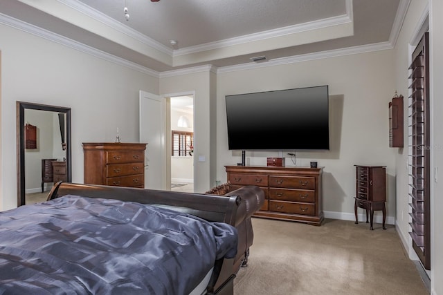 carpeted bedroom featuring ornamental molding and a raised ceiling