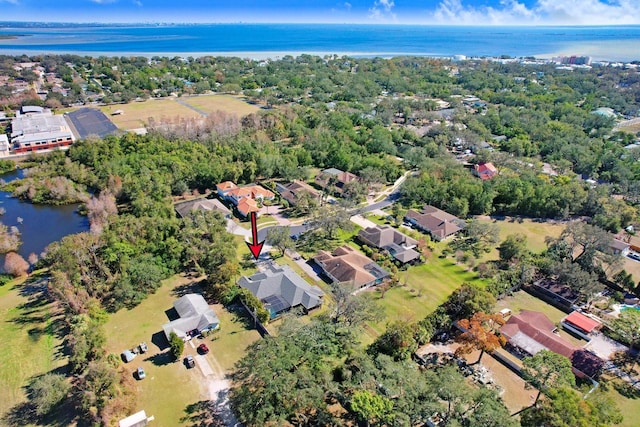 drone / aerial view featuring a water view