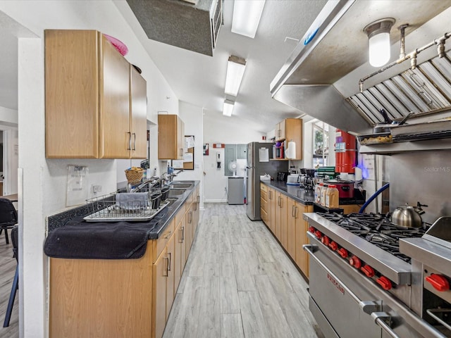 kitchen with light brown cabinetry, vaulted ceiling, light wood-type flooring, appliances with stainless steel finishes, and exhaust hood