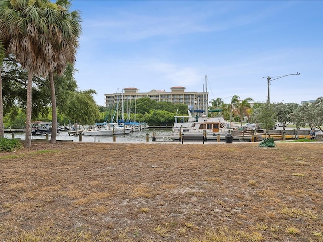 view of community with a water view