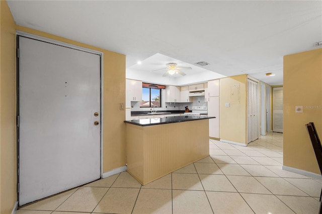 kitchen with sink, light tile patterned floors, ceiling fan, white electric stove, and kitchen peninsula