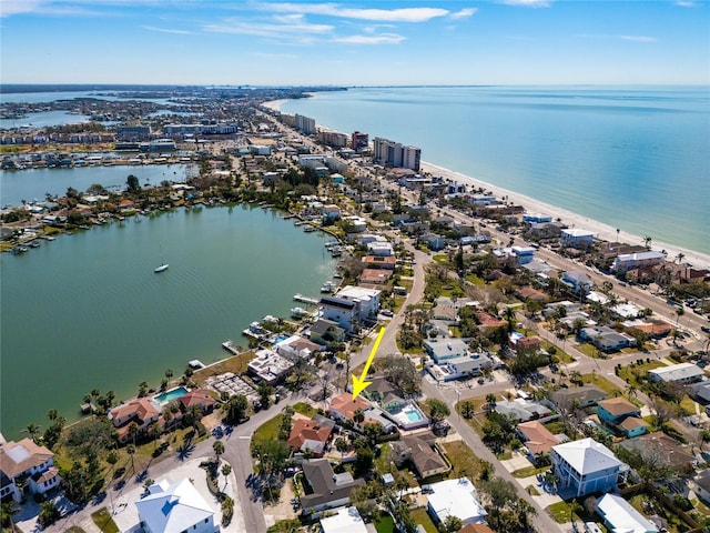 drone / aerial view featuring a water view