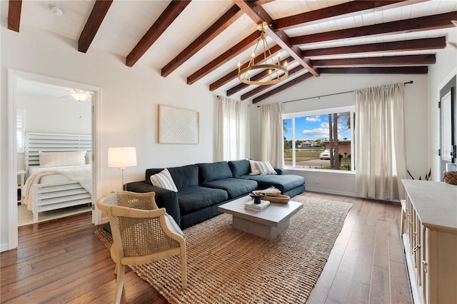 living room with wooden ceiling, lofted ceiling with beams, hardwood / wood-style floors, and a notable chandelier