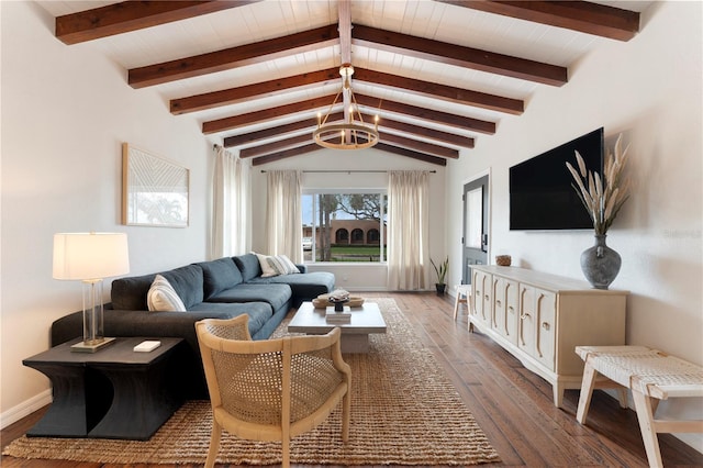 living room featuring lofted ceiling with beams, dark hardwood / wood-style floors, a notable chandelier, and wood ceiling