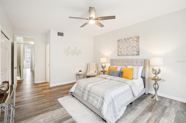 bedroom featuring hardwood / wood-style flooring, a closet, and ceiling fan