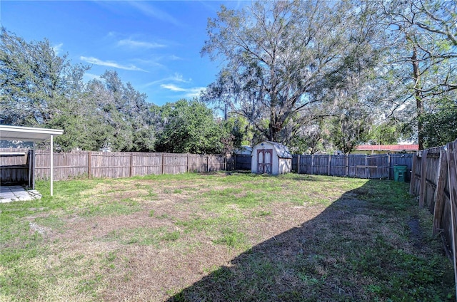 view of yard featuring a storage shed