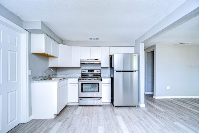 kitchen with stainless steel appliances, sink, a textured ceiling, and white cabinets