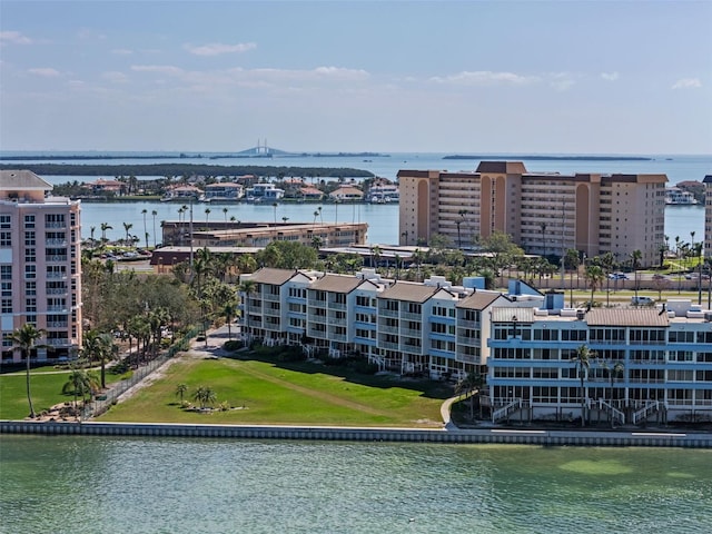 drone / aerial view featuring a water view