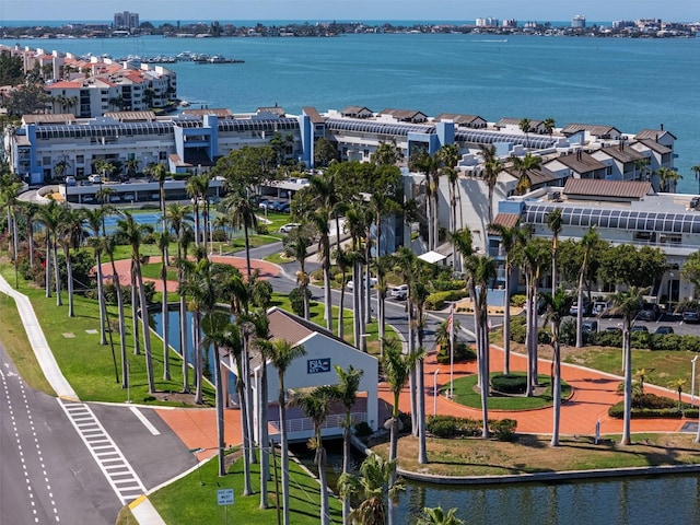 bird's eye view with a water view