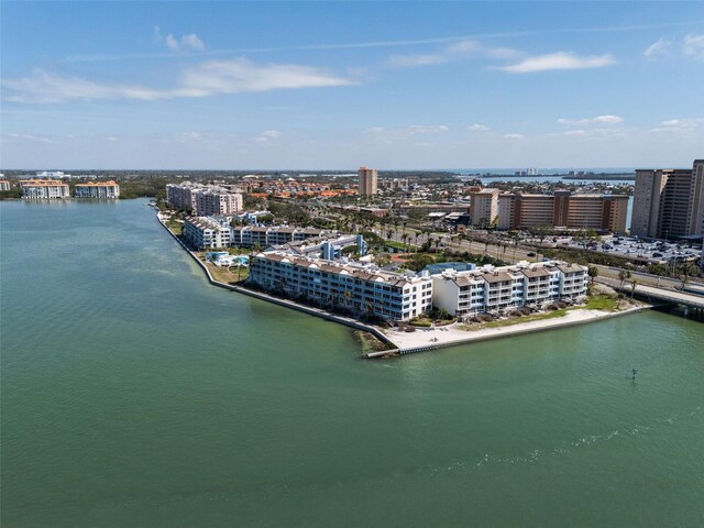 aerial view featuring a water view and a city view