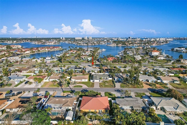 aerial view featuring a residential view and a water view