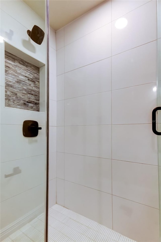 bathroom featuring a shower with shower door