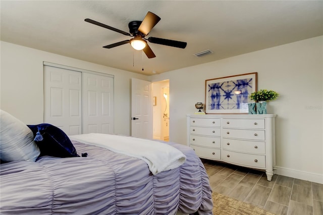 bedroom featuring ceiling fan and a closet