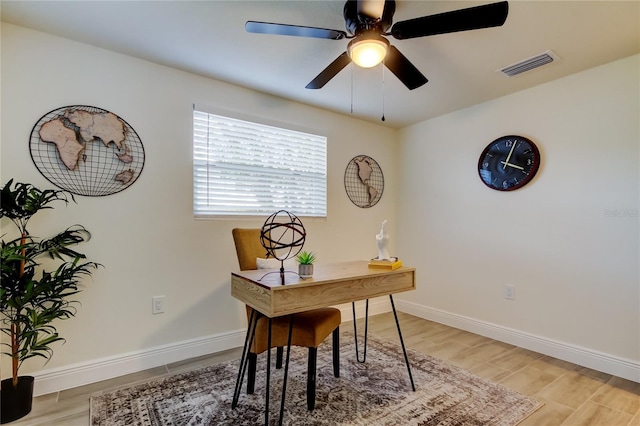 office area featuring ceiling fan and light hardwood / wood-style floors