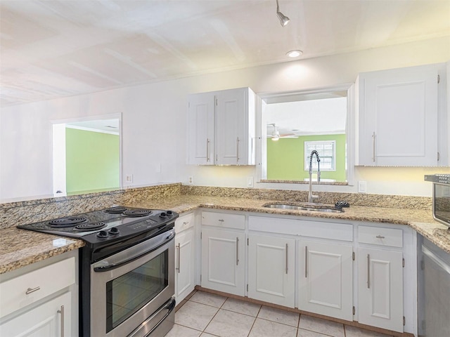 kitchen with white cabinetry, stainless steel range with electric stovetop, and sink