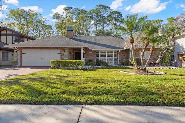 ranch-style home with a garage and a front yard