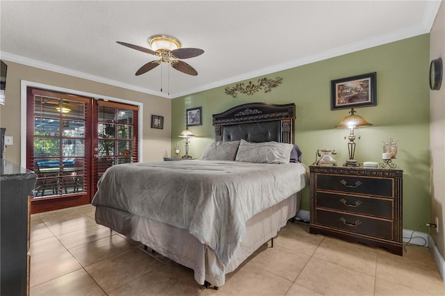 tiled bedroom featuring crown molding, ceiling fan, and access to outside