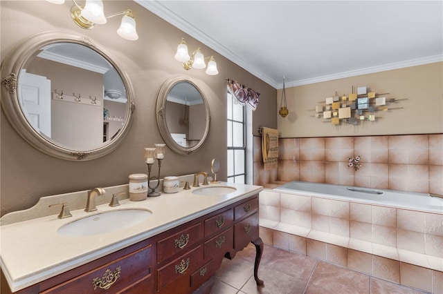 bathroom featuring a relaxing tiled tub, tile patterned floors, crown molding, and vanity