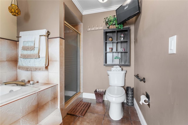 bathroom featuring crown molding, plus walk in shower, tile patterned flooring, and toilet