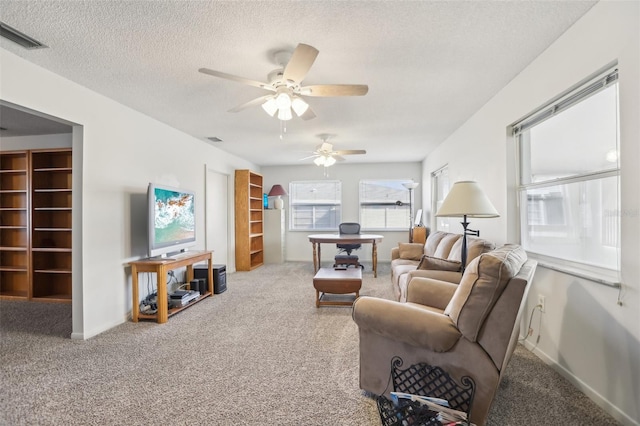 carpeted living room with a textured ceiling