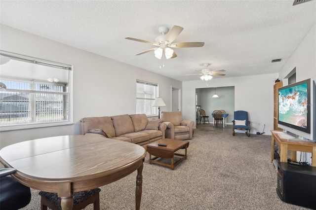 living room featuring a wealth of natural light, a textured ceiling, and carpet flooring