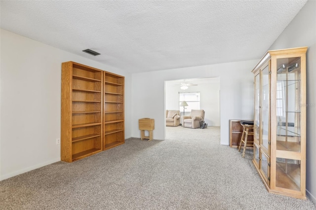 interior space featuring a textured ceiling and carpet