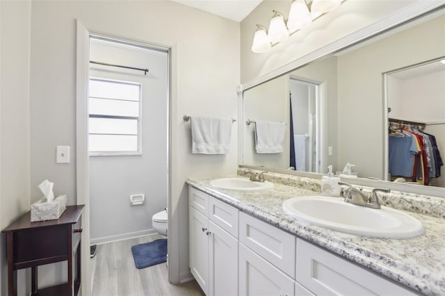 bathroom with hardwood / wood-style flooring, vanity, and toilet