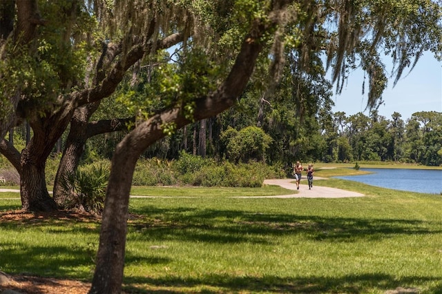 view of property's community featuring a water view and a lawn