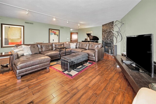 living room with a fireplace