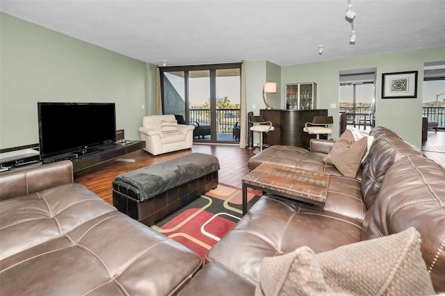 living room with hardwood / wood-style floors, a wealth of natural light, and floor to ceiling windows