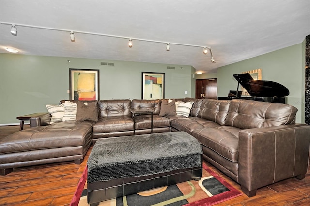 living room featuring dark wood-type flooring