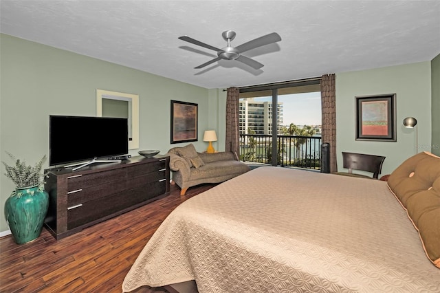 bedroom with wood-type flooring, access to outside, a textured ceiling, and ceiling fan