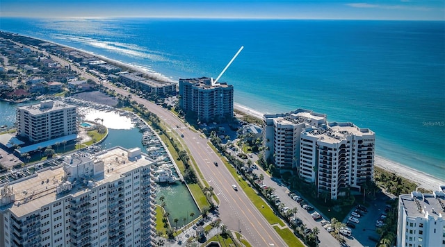 aerial view with a water view and a view of the beach