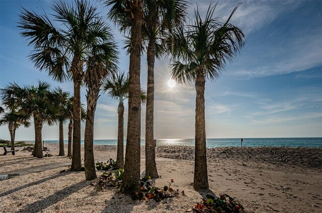 property view of water featuring a beach view