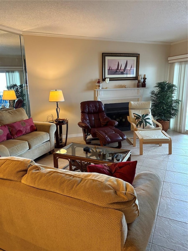 living room featuring crown molding and a textured ceiling