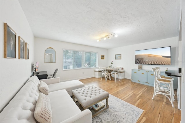 living room with hardwood / wood-style floors and a textured ceiling