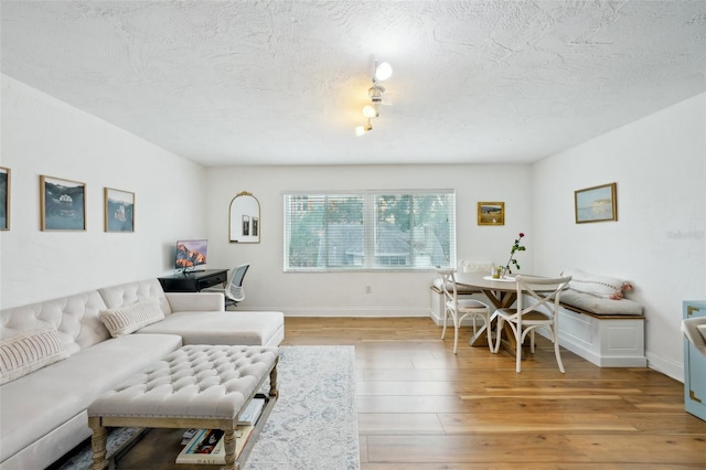 living room with a textured ceiling and light wood-type flooring