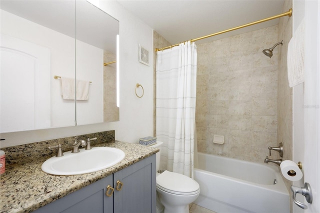 full bathroom featuring shower / bath combination with curtain, vanity, and toilet