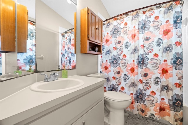 bathroom featuring vanity, curtained shower, and toilet