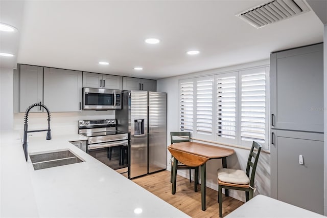 kitchen with visible vents, appliances with stainless steel finishes, gray cabinets, light wood-type flooring, and a sink