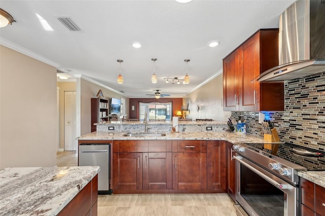 kitchen with stainless steel electric range oven, sink, wall chimney range hood, and light stone counters