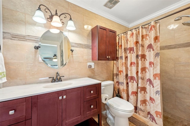 bathroom featuring tile walls, backsplash, curtained shower, and ornamental molding