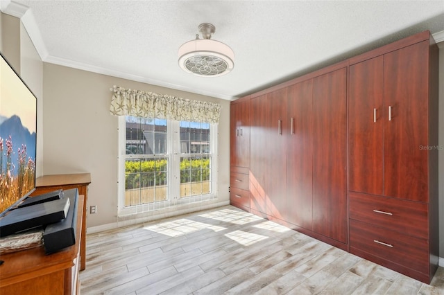 interior space featuring ornamental molding, light hardwood / wood-style floors, and a textured ceiling